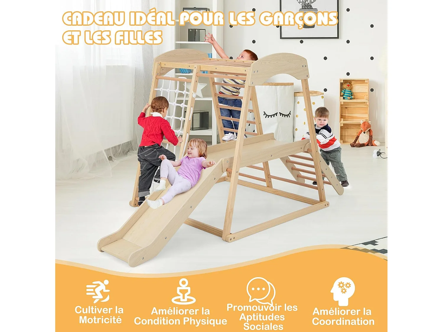 6 en 1 Triangle d'escalade en Bois avec Toboggan & Zone Tampon, Aire de Jeu d’Escalade Intérieur avec Filet & Échelle pour Grimper, Charge 60kg (Naturel)