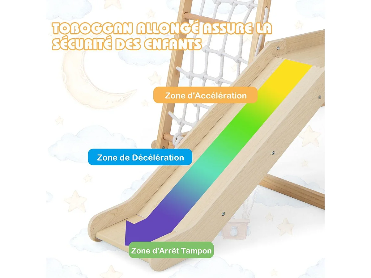 6 en 1 Triangle d'escalade en Bois avec Toboggan & Zone Tampon, Aire de Jeu d’Escalade Intérieur avec Filet & Échelle pour Grimper, Charge 60kg (Naturel)