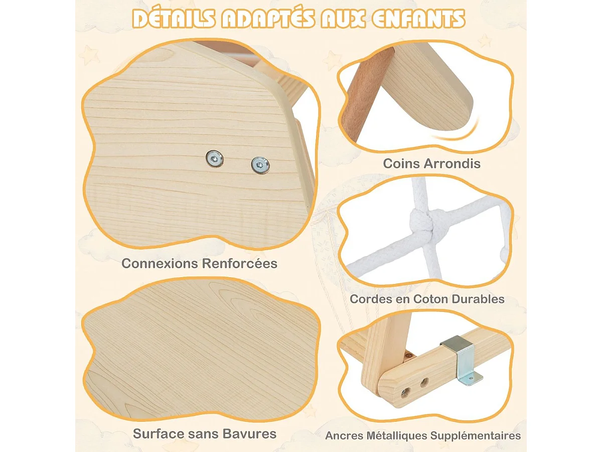 6 en 1 Triangle d'escalade en Bois avec Toboggan & Zone Tampon, Aire de Jeu d’Escalade Intérieur avec Filet & Échelle pour Grimper, Charge 60kg (Naturel)
