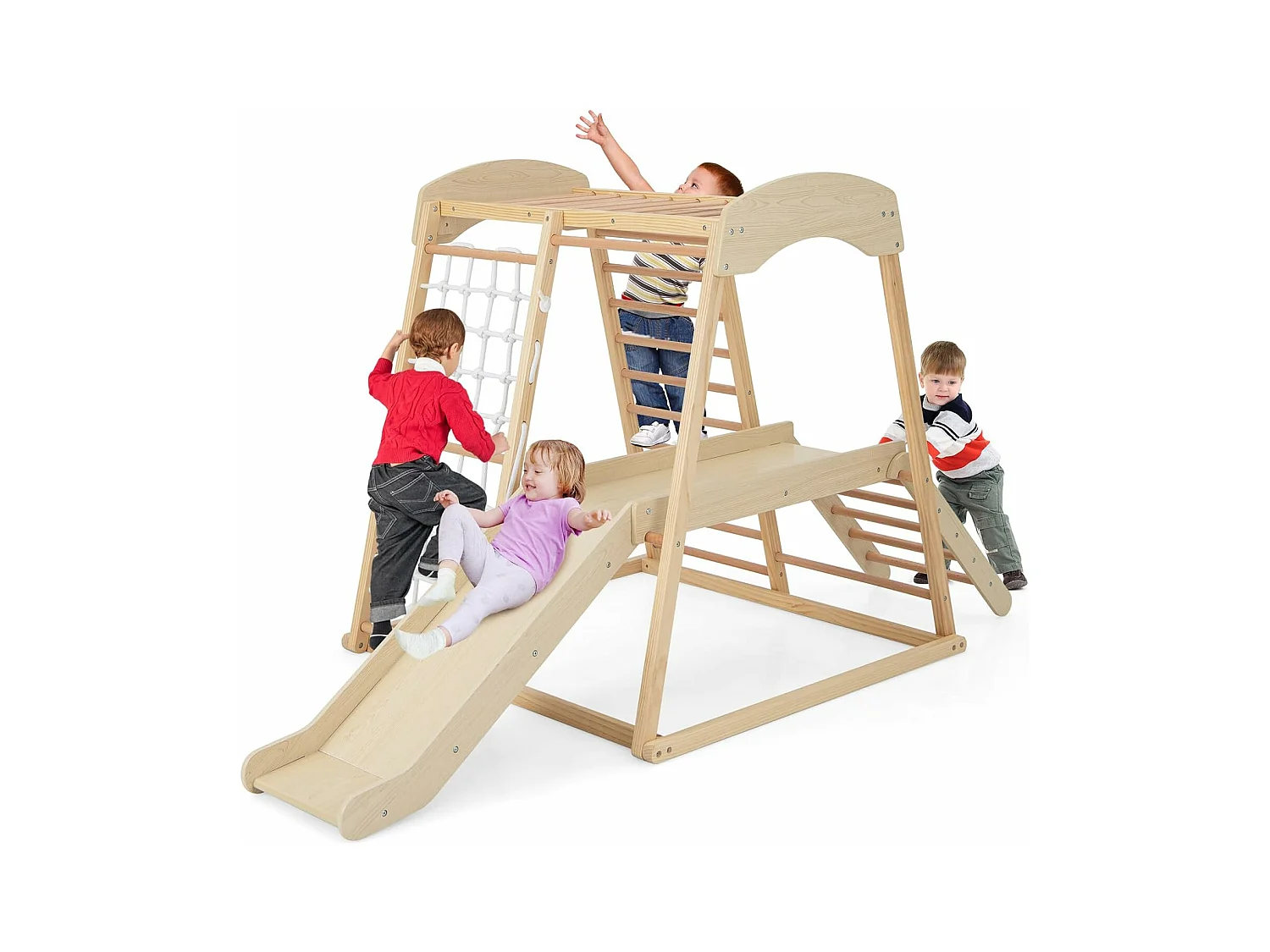 6 en 1 Triangle d'escalade en Bois Enfants avec Toboggan & Zone Tampon, Aire de Jeu d’Escalade Intérieur avec Filet & Échelle pour Grimper, Charge 60kg pour Tout-Petits de 1 an+ (Naturel)