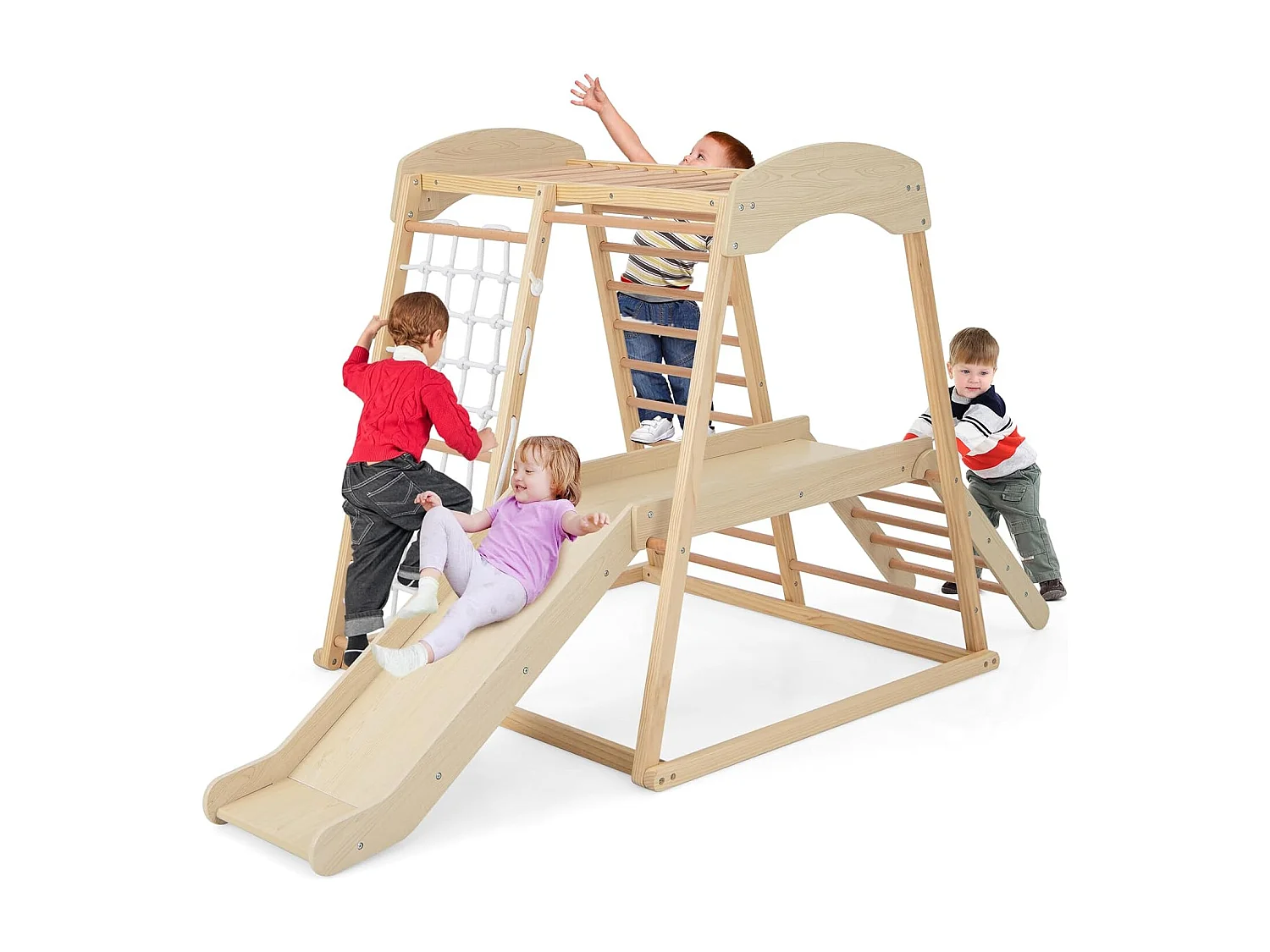 6-in-1 houten klimdriehoek met glijbaan en bufferzone, indoor klimtuin met net en ladder om te klimmen, draagvermogen 60 kg (natuurlijk)