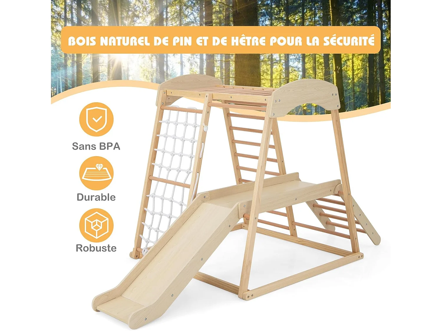 6-in-1 houten klimdriehoek met glijbaan en bufferzone, indoor klimtuin met net en ladder om te klimmen, draagvermogen 60 kg (natuurlijk)