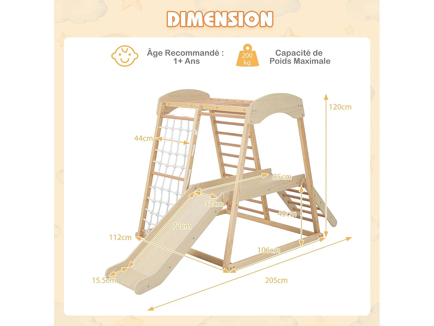 6-in-1 houten klimdriehoek met glijbaan en bufferzone, indoor klimtuin met net en ladder om te klimmen, draagvermogen 60 kg (natuurlijk)