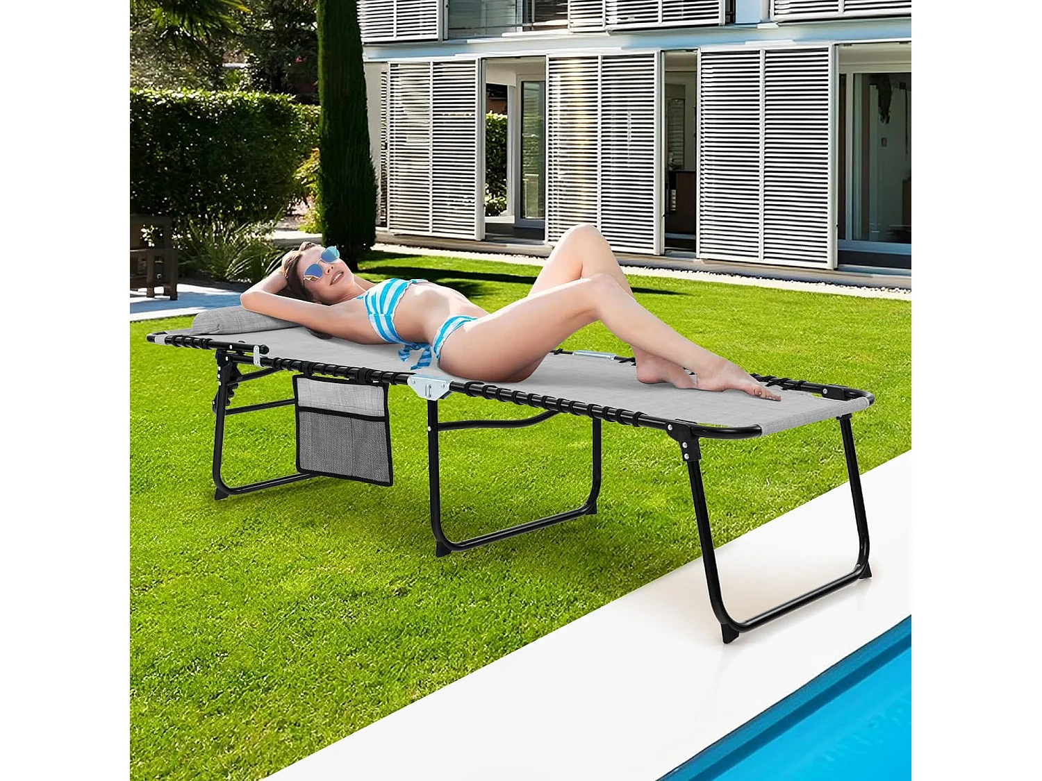 Chaise Longue Pliante avec Appuie-tête Amovible Dossier Réglable à 4 Positions Acier Antirouille pour CamBoisg Terrasse, Bleu