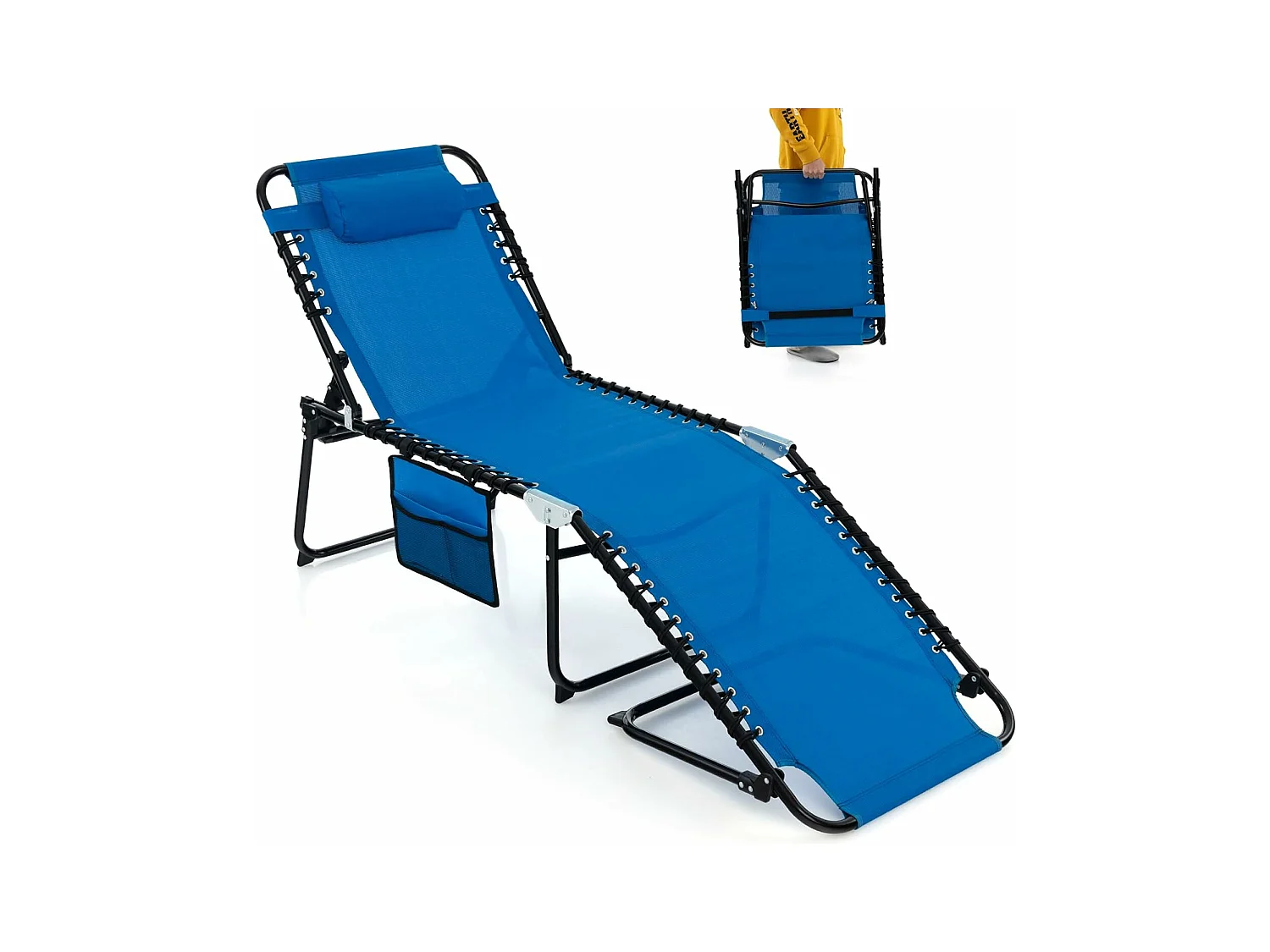 Chaise Longue Pliante avec Appuie-tête Amovible Dossier Réglable à 4 Positions Acier Antirouille pour CamBoisg Terrasse, Bleu