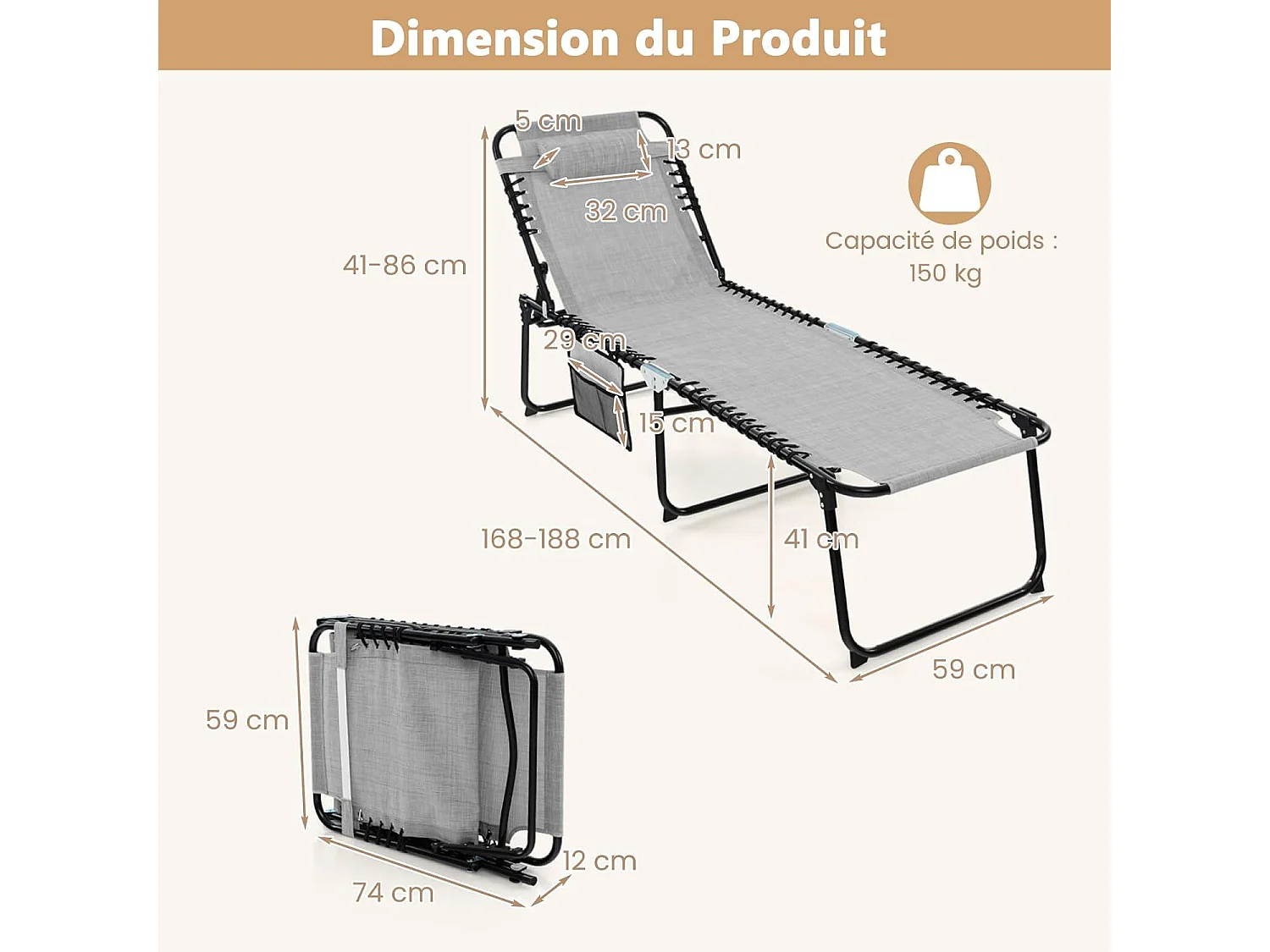 Chaise Longue Pliante avec Appuie-tête Amovible Dossier Réglable à 4 Positions Acier Antirouille pour CamBoisg Terrasse, Bleu