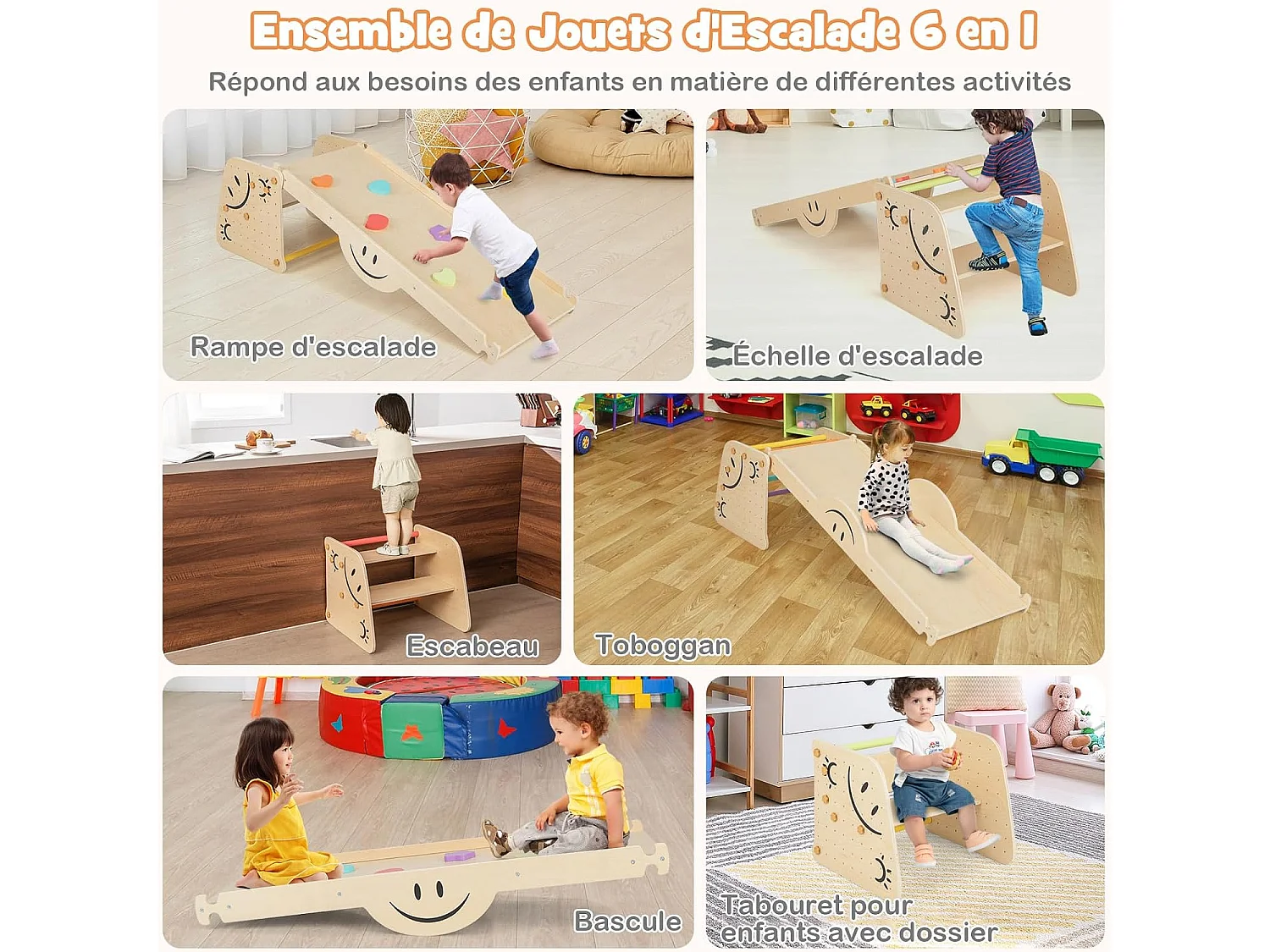 Échelle d'escalade Montessori Enfants avec Rampe Double Face & Réglable, Jouet d'escalade en Bois avec Toboggan(Non Pliable)