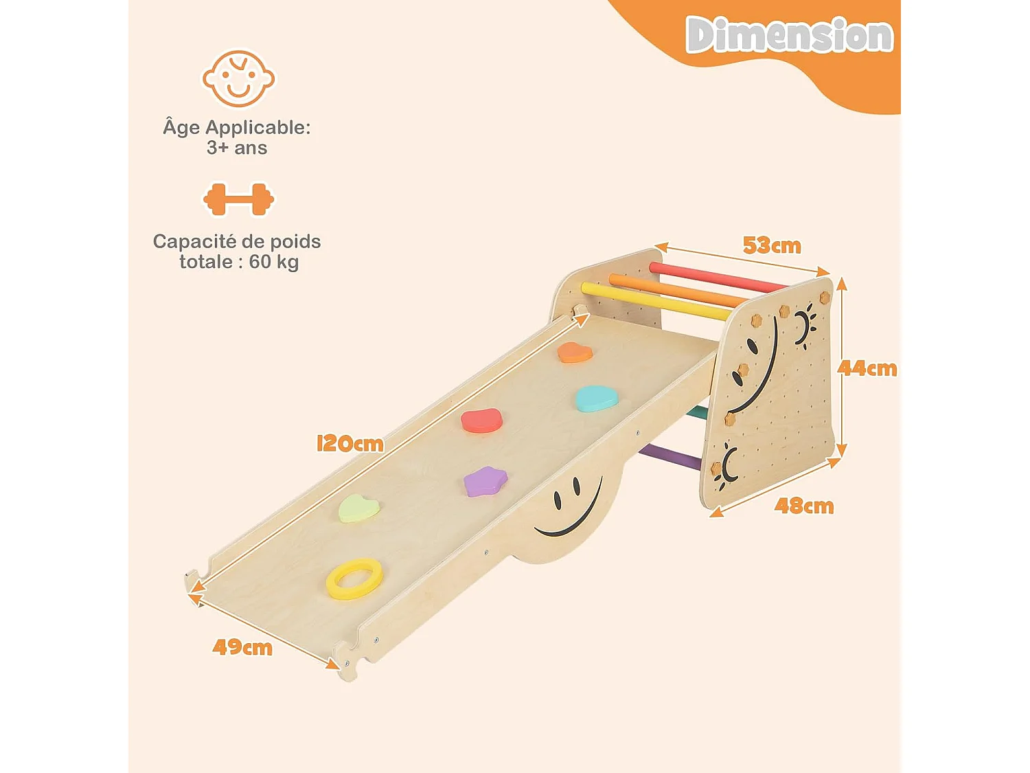 Échelle d'escalade Montessori Enfants avec Rampe Double Face & Réglable, Jouet d'escalade en Bois avec Toboggan(Non Pliable)