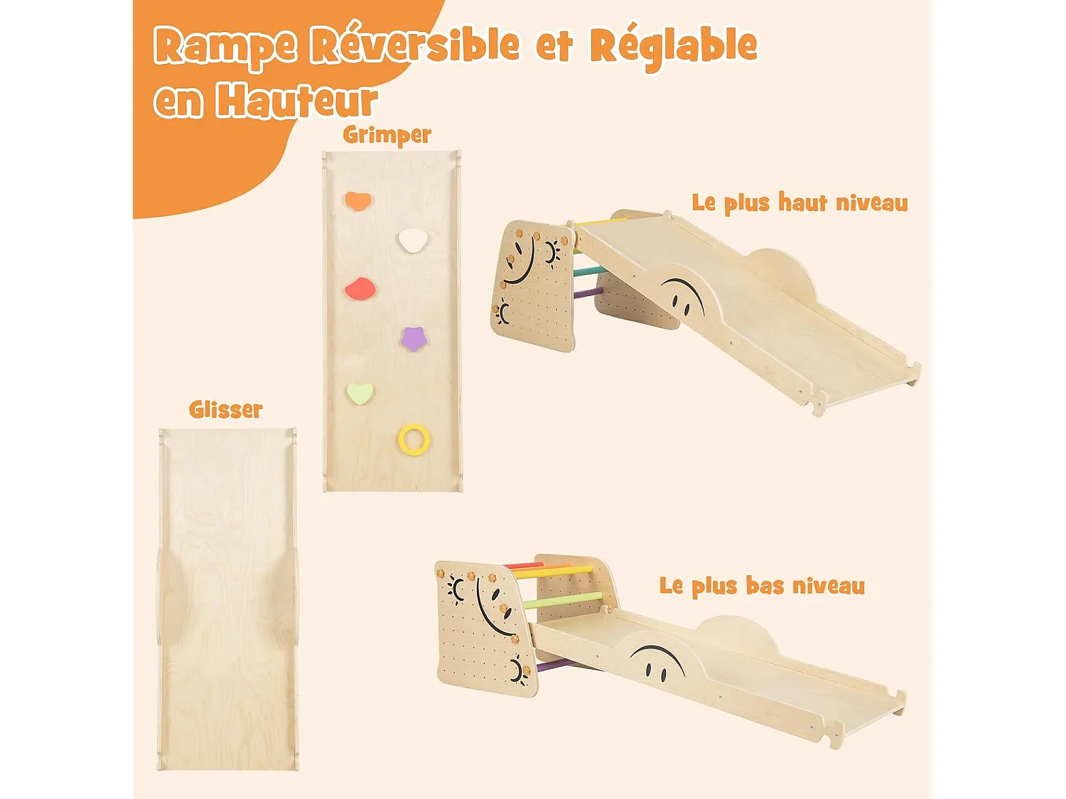 Échelle d'escalade Montessori Enfants avec Rampe Double Face & Réglable, Jouet d'escalade en Bois avec Toboggan(Non Pliable)