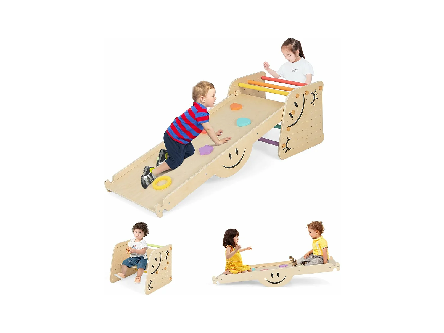 Échelle d'escalade Montessori Enfants avec Rampe Double Face & Réglable, Jouet d'escalade en Bois avec Toboggan(Non Pliable)