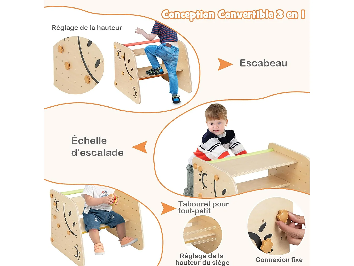 Échelle d'escalade Montessori Enfants avec Rampe Double Face & Réglable, Jouet d'escalade en Bois avec Toboggan(Non Pliable)