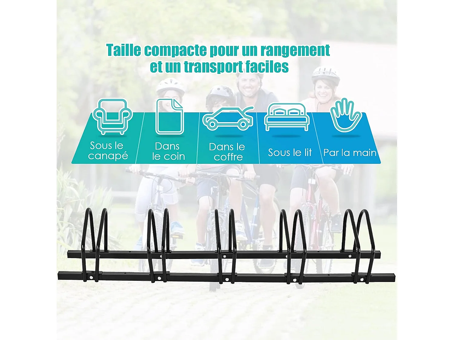 Râtelier 5 Vélos en Acier Fixation, Rangement Vélo au Sol ou Mur 150x32.5x26CM Résistant aux Intempéries Antirouille Ecole Commerce Noir