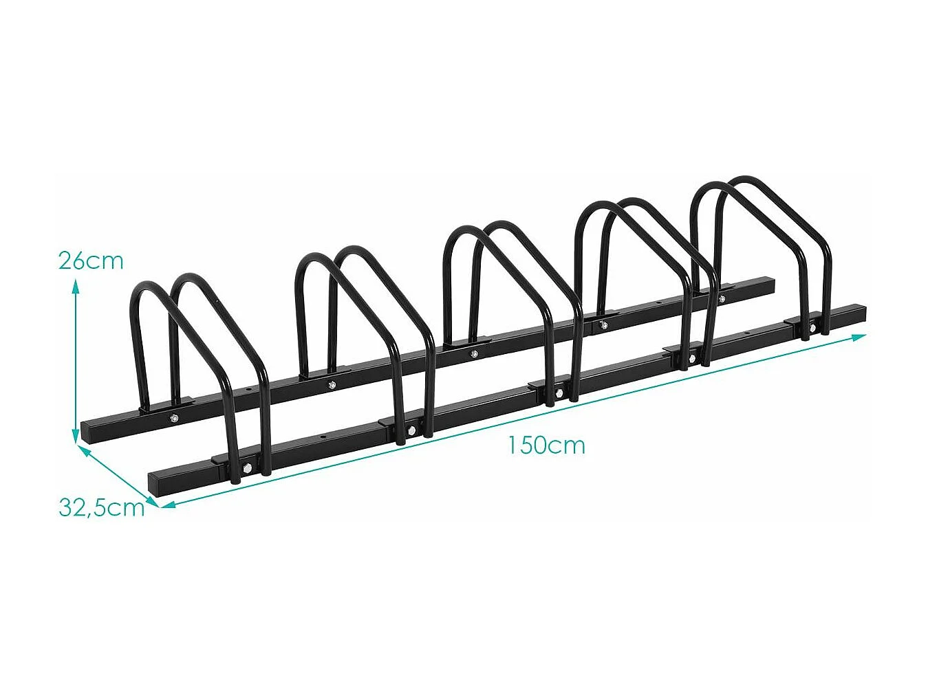 Râtelier 5 Vélos en Acier Fixation, Rangement Vélo au Sol ou Mur 150x32.5x26CM Résistant aux Intempéries Antirouille Ecole Commerce Noir