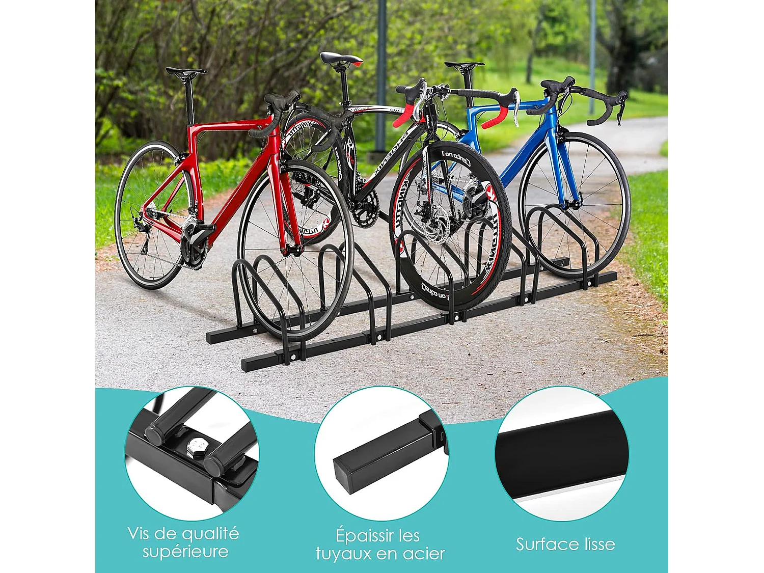 Râtelier 5 Vélos en Acier Fixation, Rangement Vélo au Sol ou Mur 150x32.5x26CM Résistant aux Intempéries Antirouille Ecole Commerce Noir
