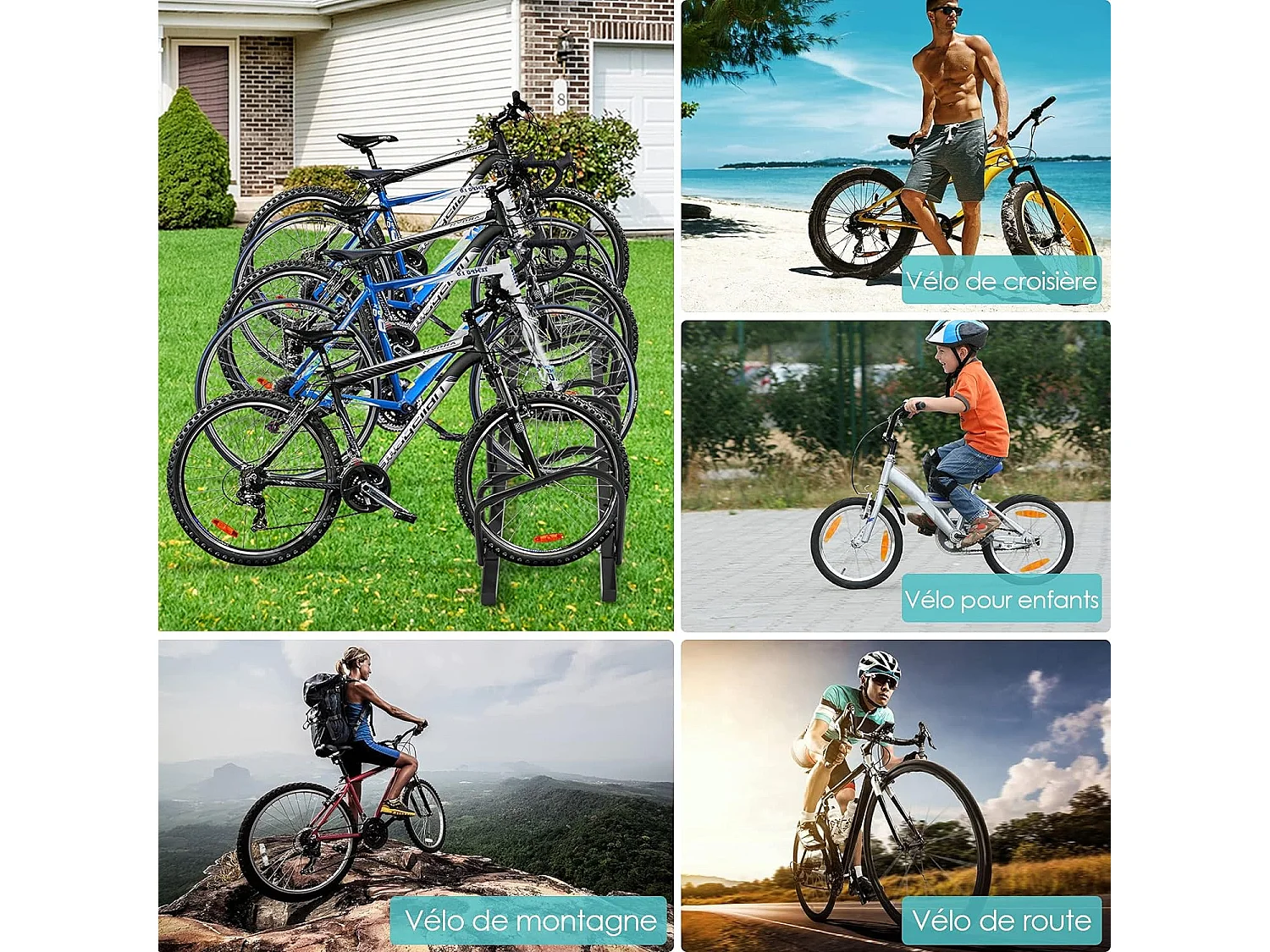 Râtelier 5 Vélos en Acier Fixation, Rangement Vélo au Sol ou Mur 150x32.5x26CM Résistant aux Intempéries Antirouille Ecole Commerce Noir