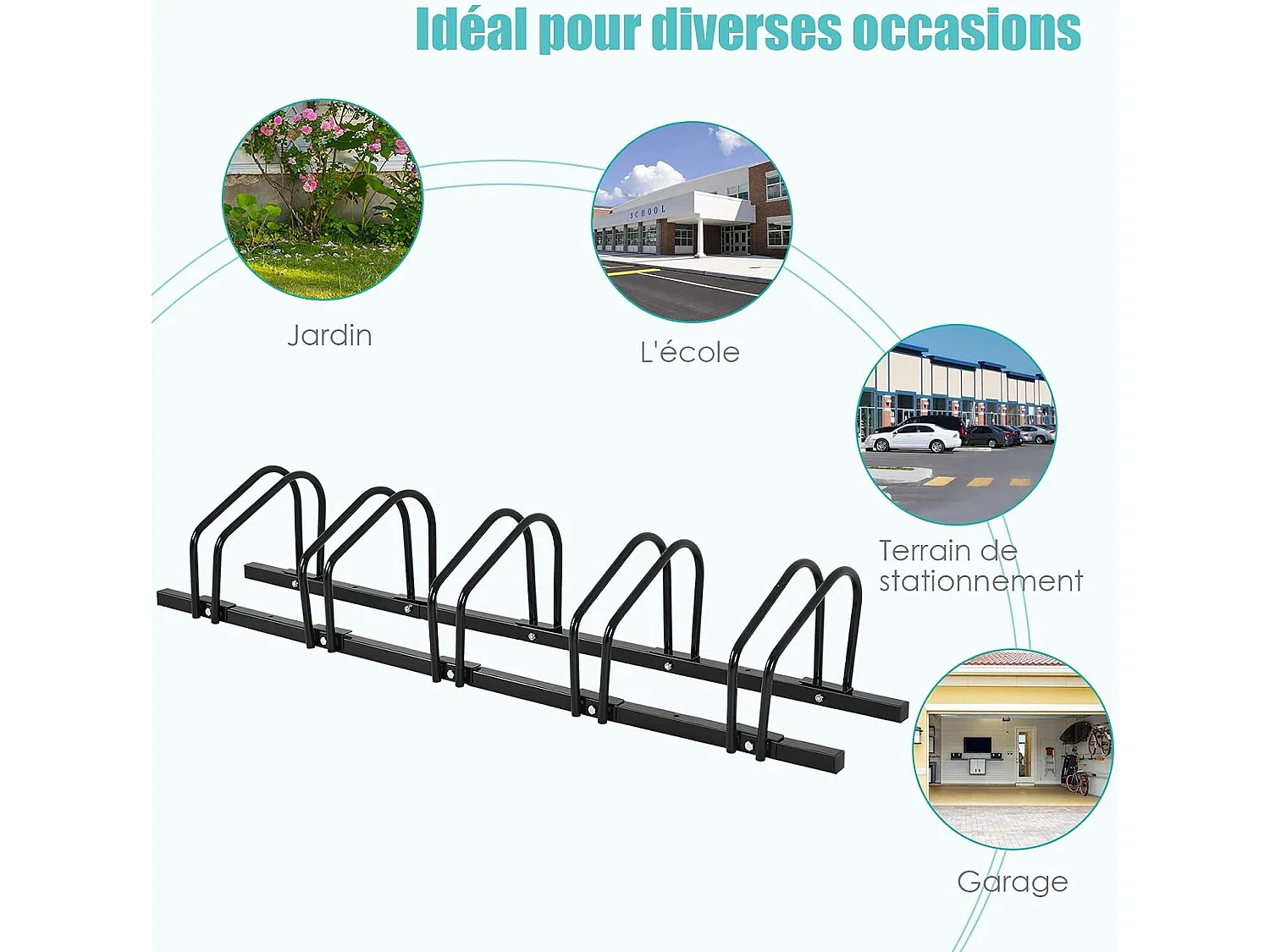 Râtelier 5 Vélos en Acier Fixation, Rangement Vélo au Sol ou Mur 150x32.5x26CM Résistant aux Intempéries Antirouille Ecole Commerce Noir