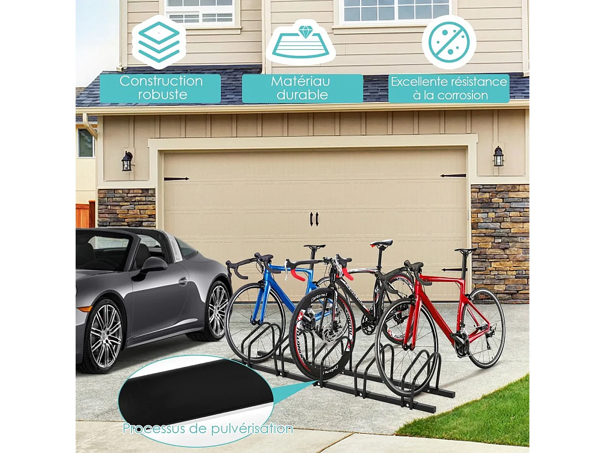 Râtelier 5 Vélos en Acier Fixation, Rangement Vélo au Sol ou Mur 150x32.5x26CM Résistant aux Intempéries Antirouille Ecole Commerce Noir