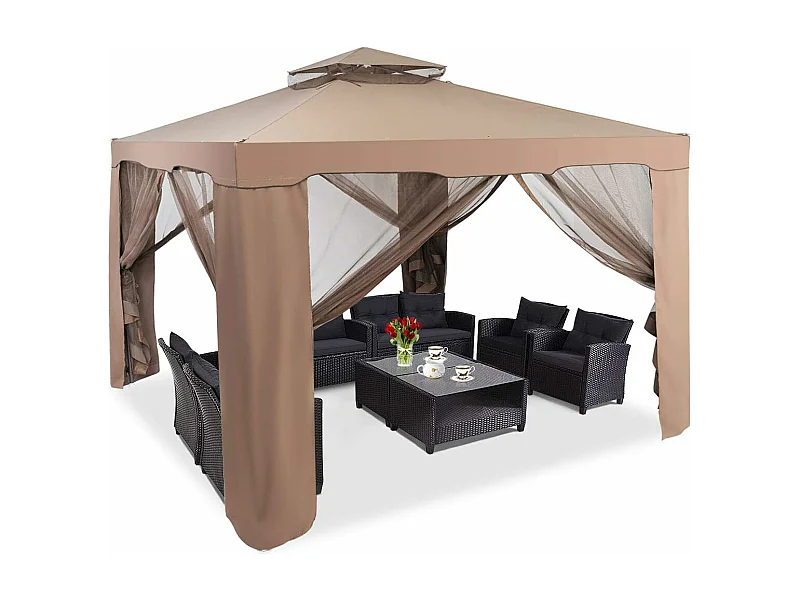 3 x 3M Polyester Tuinpaviljoen Feesttent Dubbel Dak Evenemententent met Klamboe (Bruin)