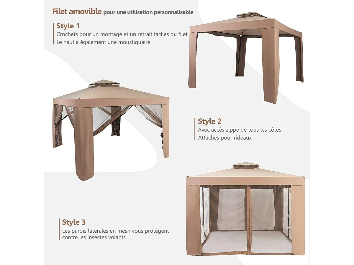 3 x 3M Tente Réception Tonnelle de Jardin en Polyester Tente Gazébo d’Evénement à Double Toit avec Moustiquaire (Brun)