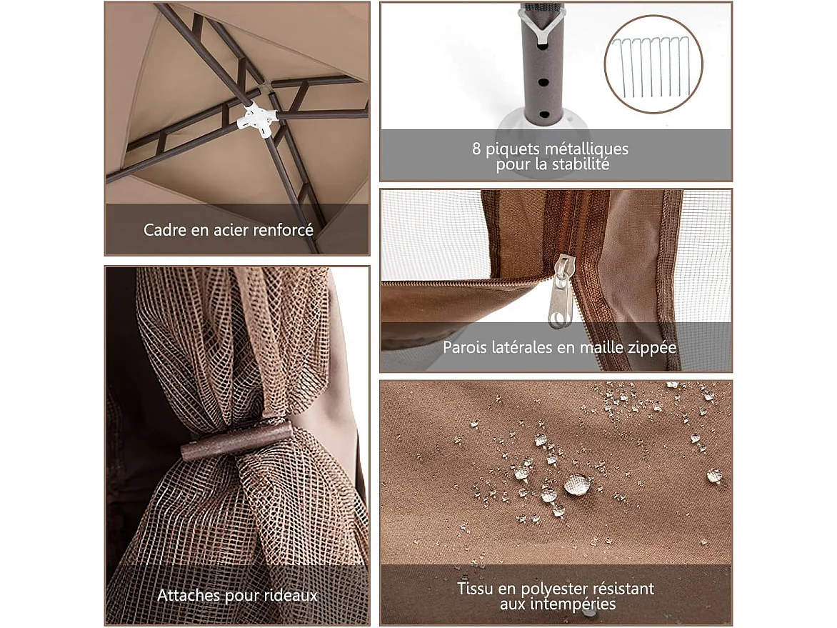 3 x 3M Tente Réception Tonnelle de Jardin en Polyester Tente Gazébo d’Evénement à Double Toit avec Moustiquaire (Brun)