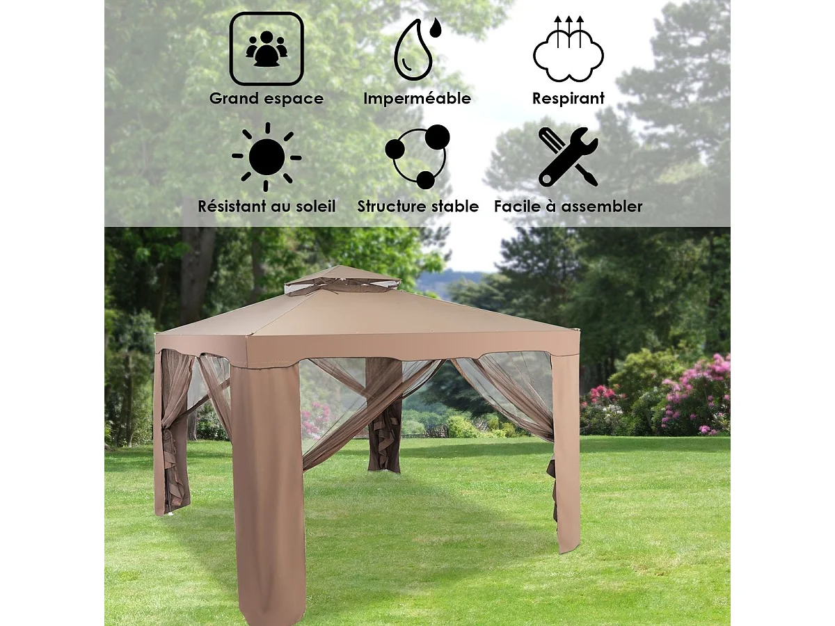 3 x 3M Tente Réception Tonnelle de Jardin en Polyester Tente Gazébo d’Evénement à Double Toit avec Moustiquaire (Brun)