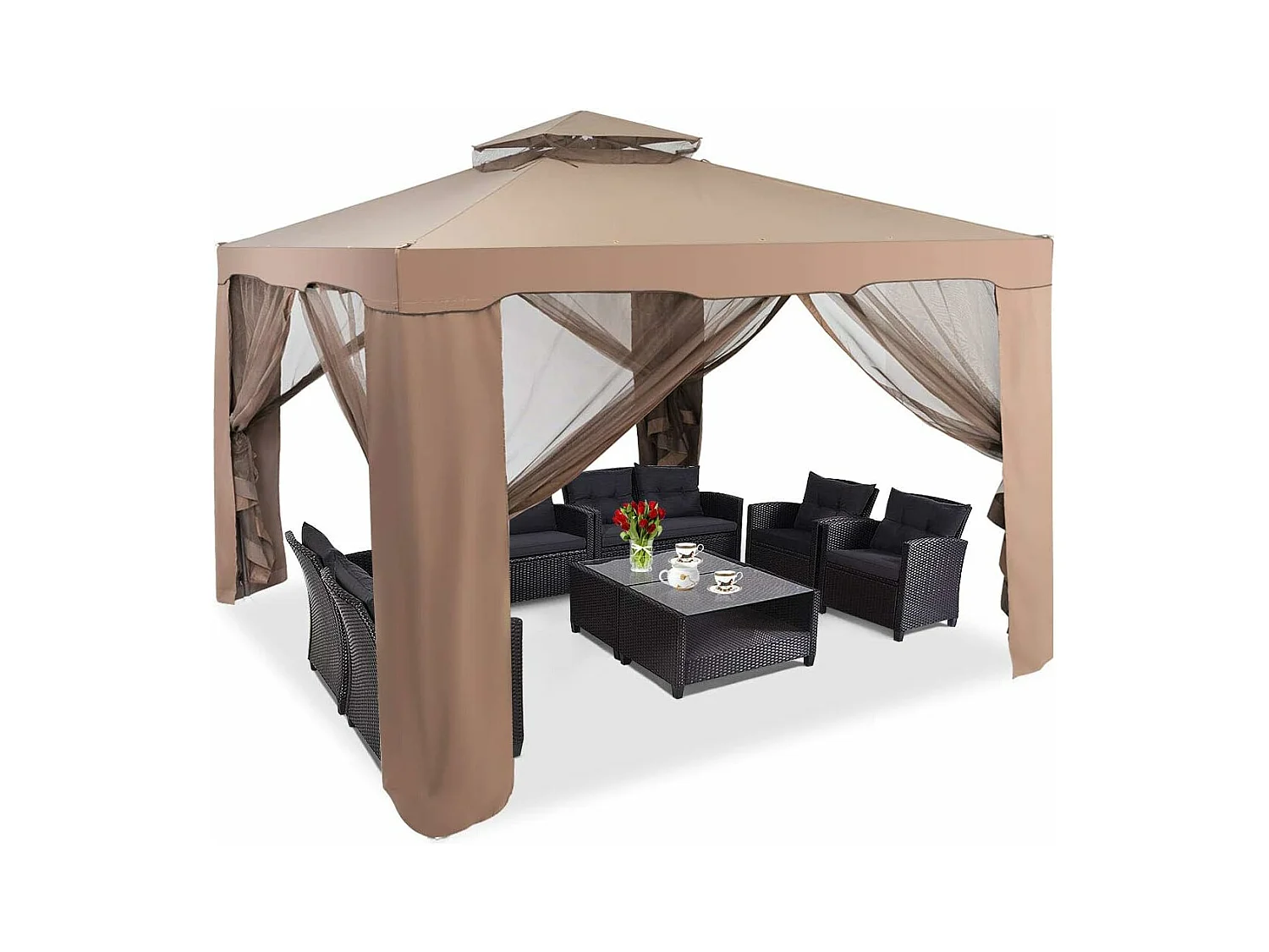 3 x 3M Tente Réception Tonnelle de Jardin en Polyester Tente Gazébo d’Evénement à Double Toit avec Moustiquaire (Brun)