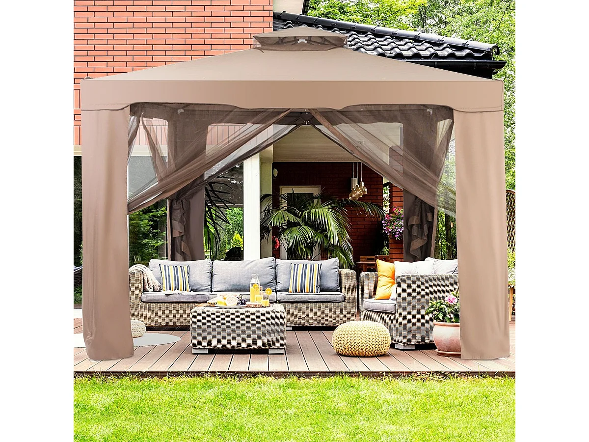 3 x 3M Tente Réception Tonnelle de Jardin en Polyester Tente Gazébo d’Evénement à Double Toit avec Moustiquaire (Brun)