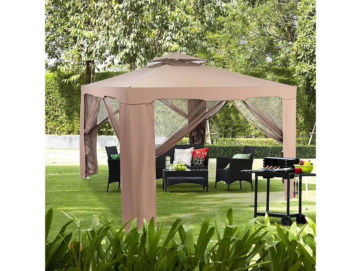 3 x 3M Tente Réception Tonnelle de Jardin en Polyester Tente Gazébo d’Evénement à Double Toit avec Moustiquaire (Brun)