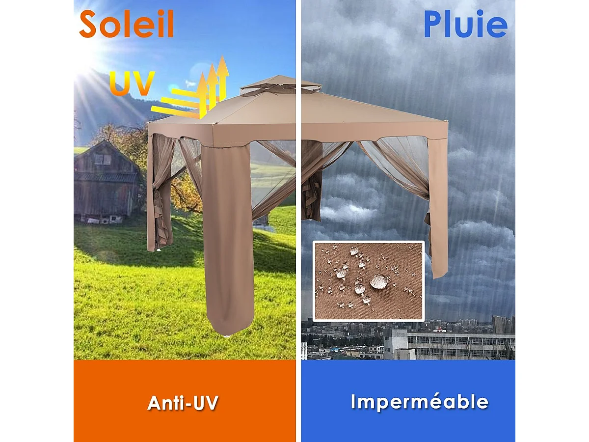 3 x 3M Tente Réception Tonnelle de Jardin en Polyester Tente Gazébo d’Evénement à Double Toit avec Moustiquaire (Brun)
