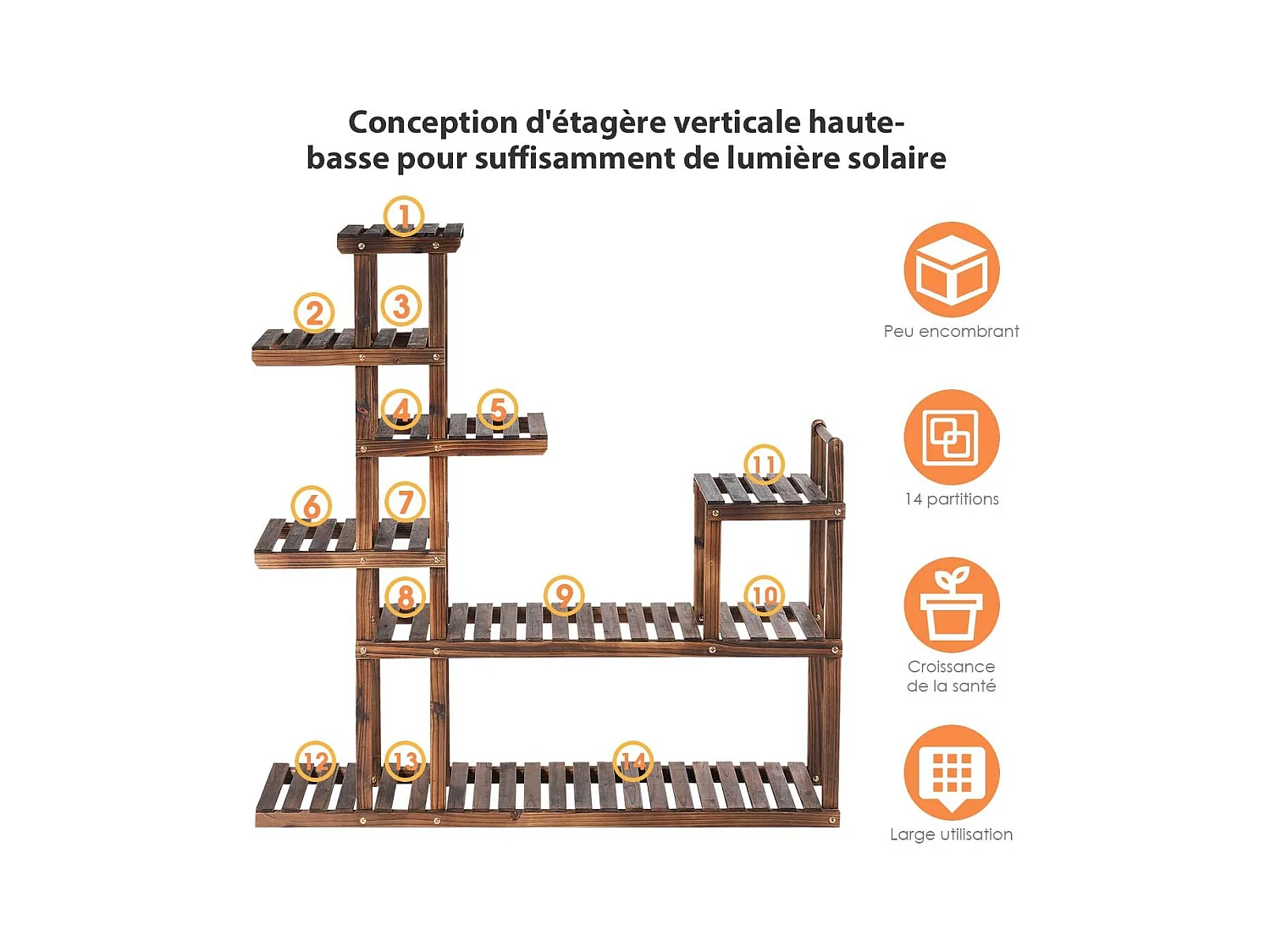 Etagère à Fleurs en Bois à 7 Niveaux Porte Plante Durable et Stable Décoration Extérieur Intérieur Décorative pour Maison Balcon Terrasse 120X25X120cm
