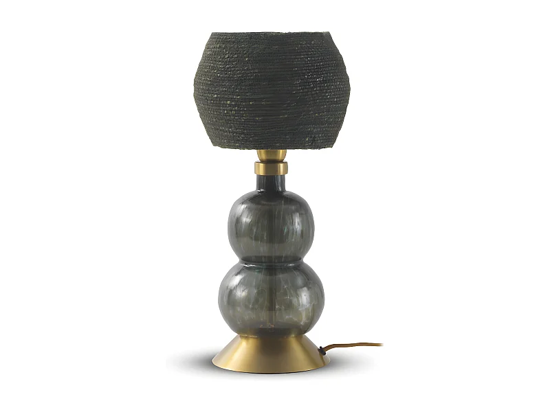 Lámpara de sobremesa cristal negro con tulipa de fibra natural trenzada negra