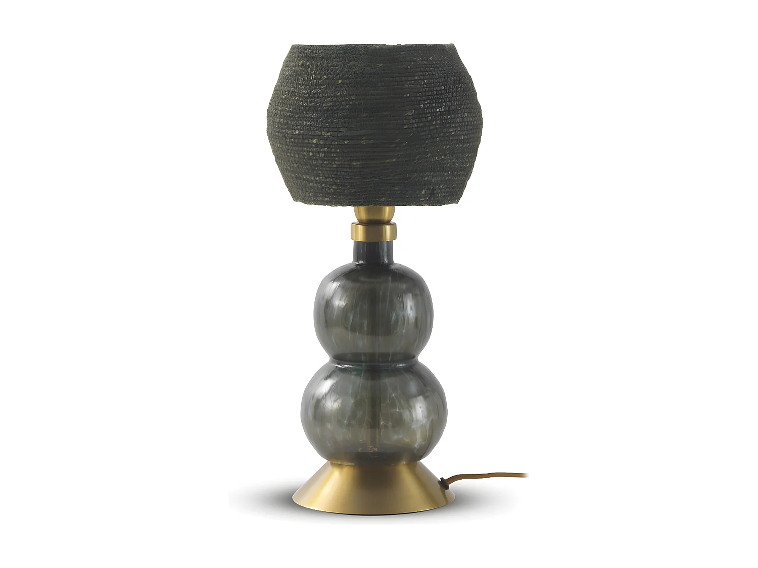 Candeeiro de mesa em vidro preto com abajur em fibra natural entrançada preta