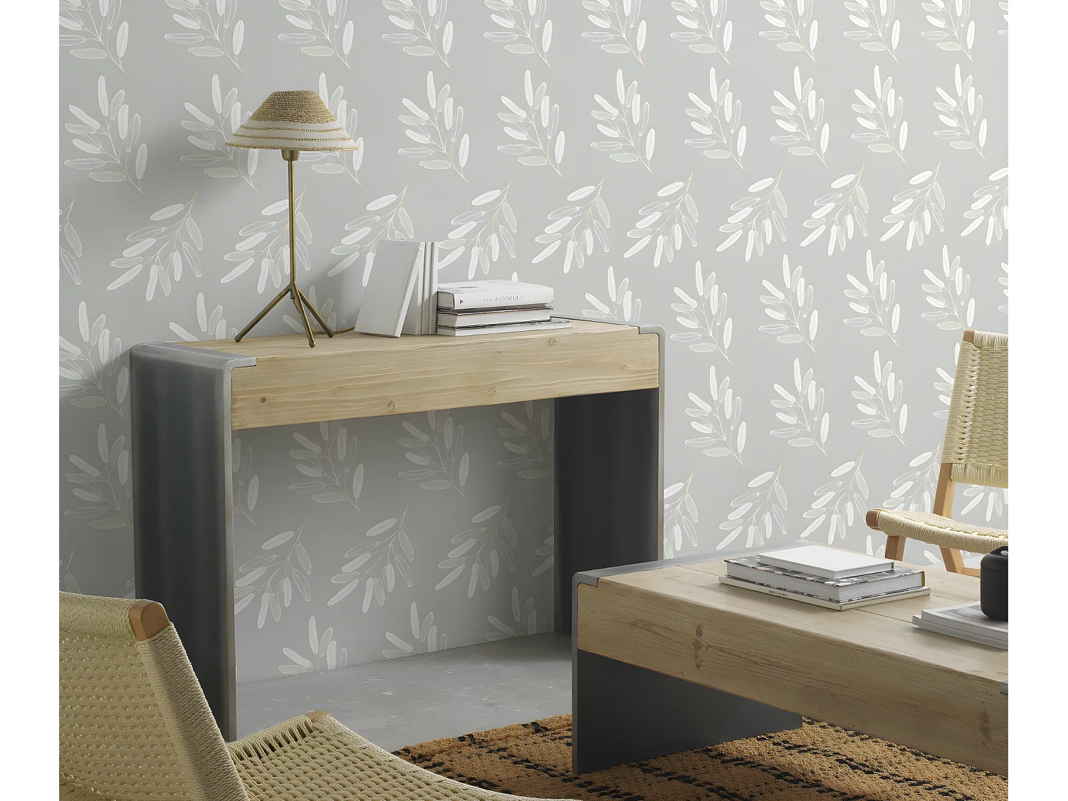 Lampada da tavolo con paralume intrecciato in fibra naturale