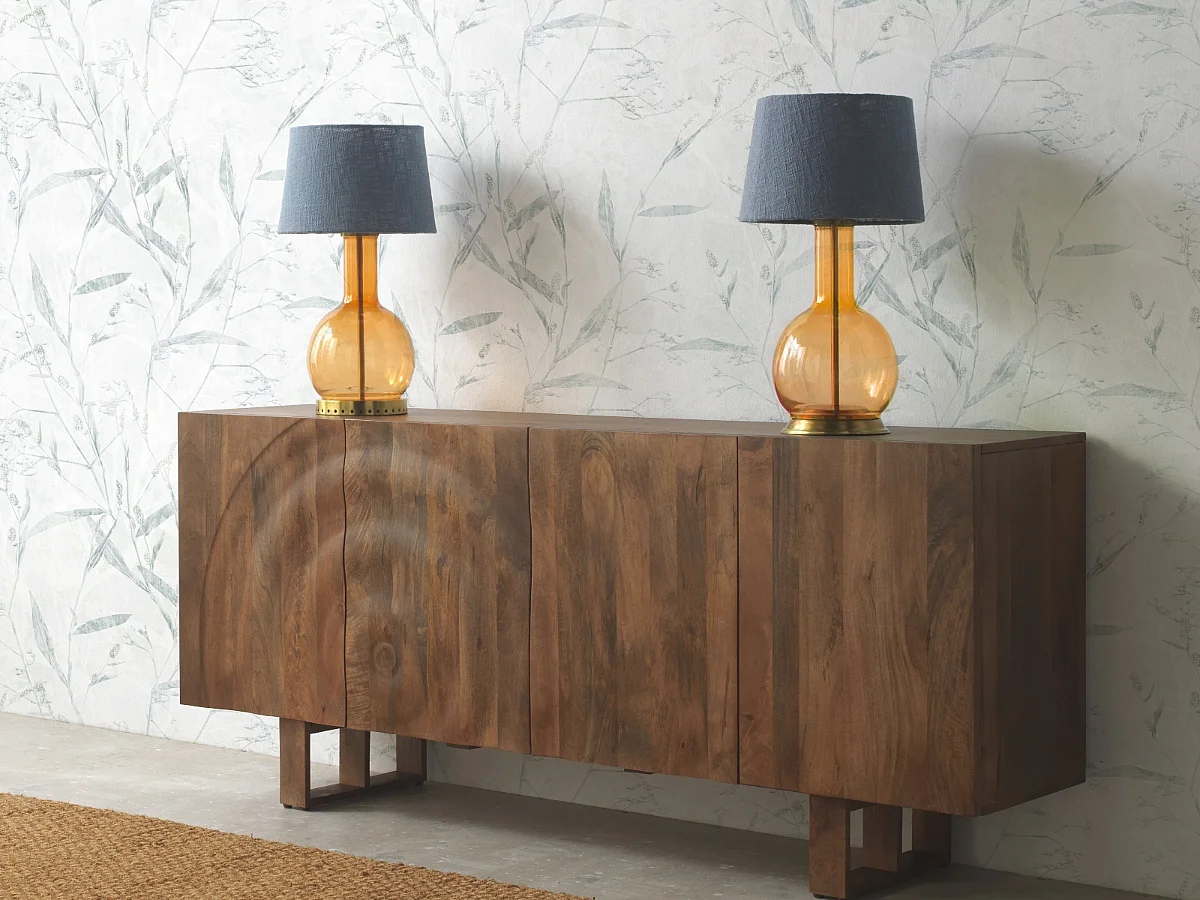 Lampada da tavolo in vetro arancione con paralume in cotone blu