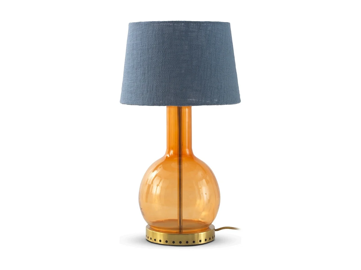 Lampada da tavolo in vetro arancione con paralume in cotone blu