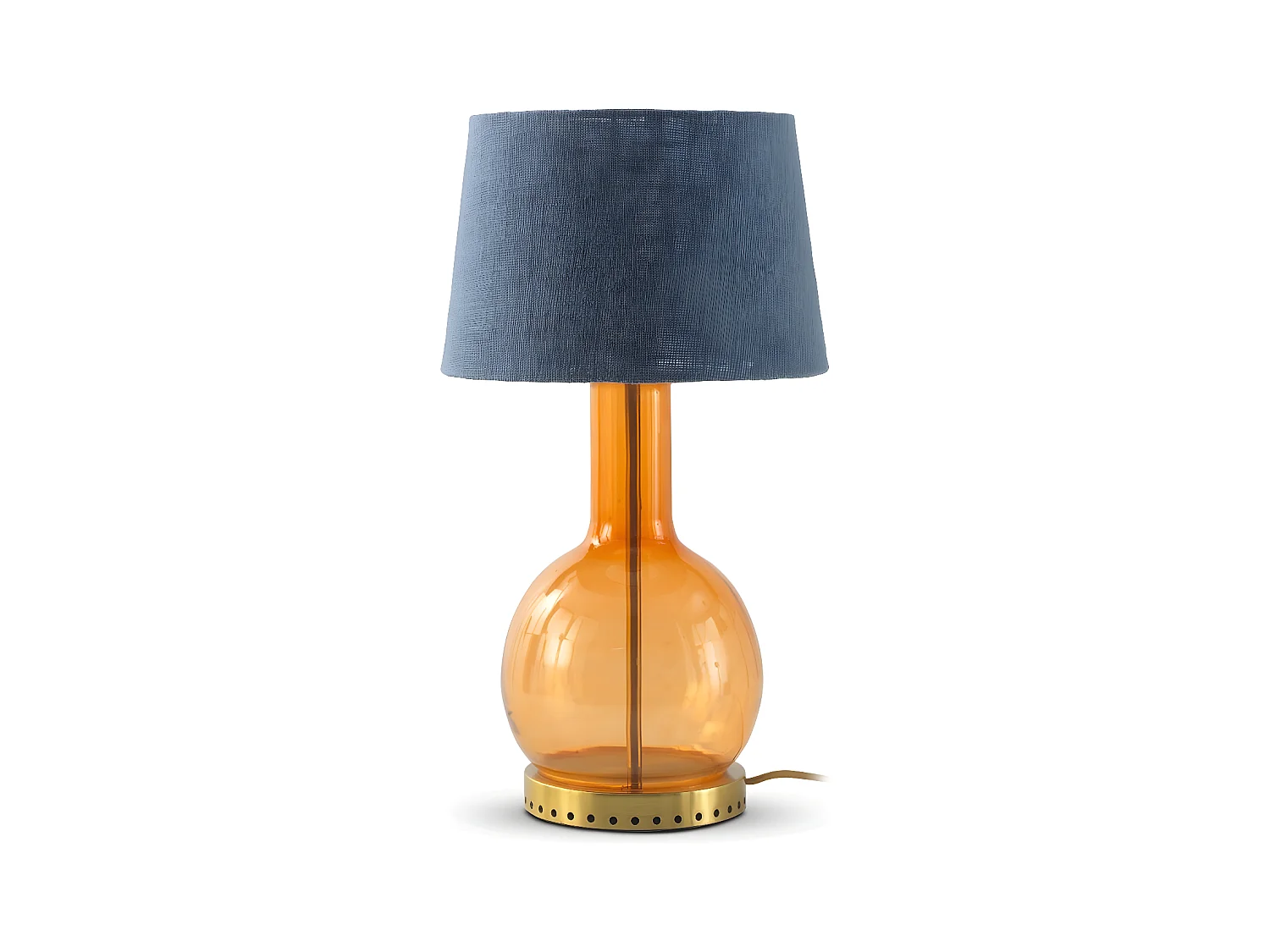 Candeeiro de mesa em vidro laranja com abajur em algodão azul