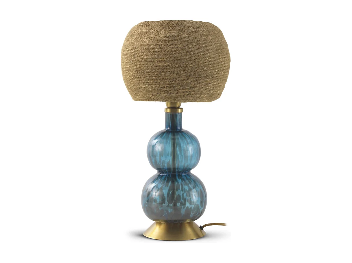 Lampada da tavolo in vetro blu con paralume in fibra naturale intrecciata
