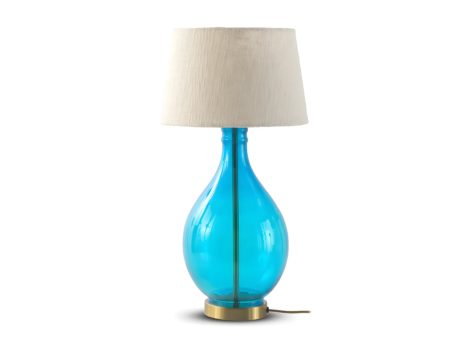 Lampada da tavolo in vetro blu con paralume in cotone bianco