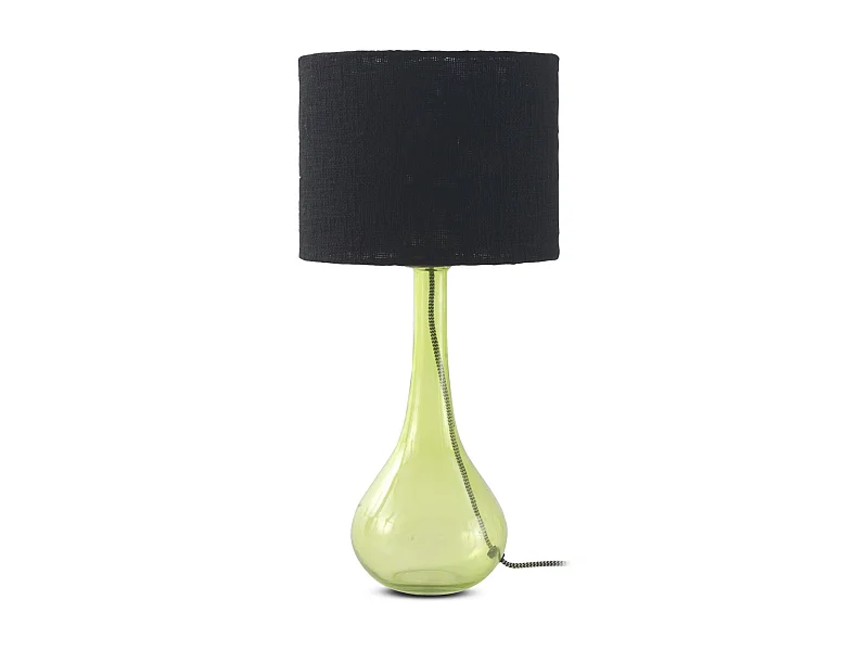 Tischlampe aus grünem Glas mit Lampenschirm aus schwarzer Baumwolle