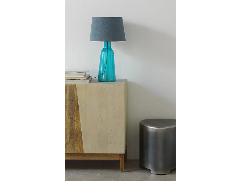 Lampe de table en verre bleu avec abat-jour en coton bleu