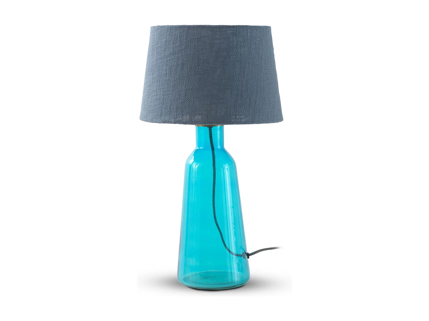 Lampada da tavolo in vetro blu con paralume in cotone blu