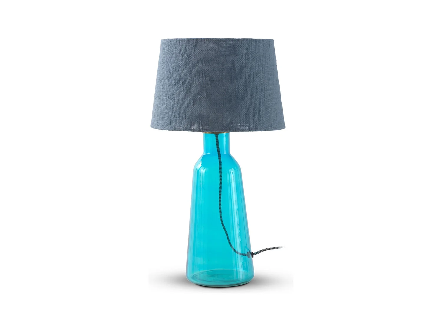 Blaue Tischlampe aus Glas mit blauem Lampenschirm aus Baumwolle