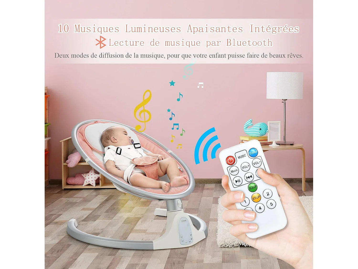 Transat Bébé Électrique avec 5 Amplitudes/Balancelle Bébé 0-6 Mois Télécommandé avec Musique, 2 Jouets, Harnais à 5 Points, Minuterie 15-60 Min, Charge 9KG-Rose