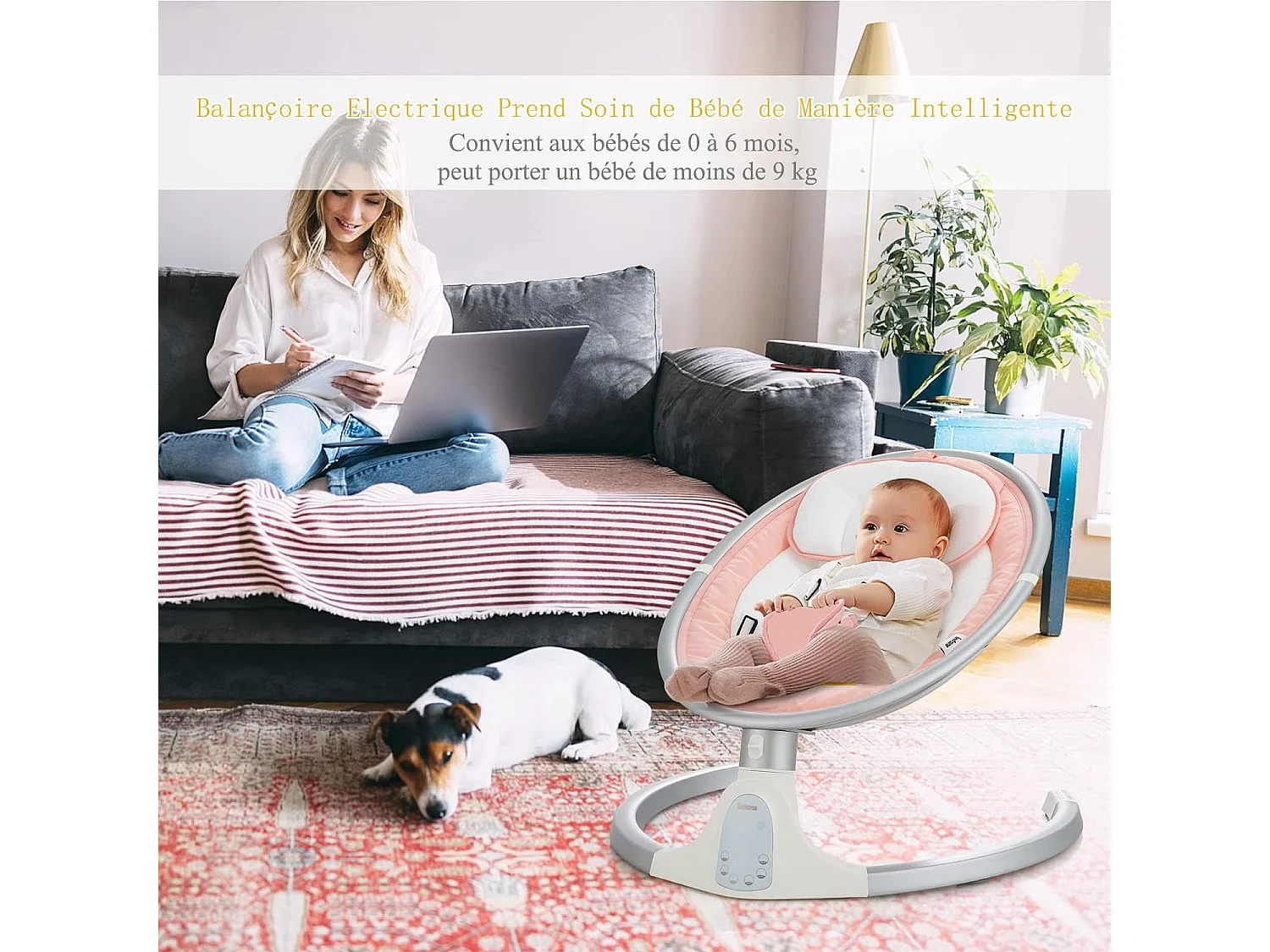 Transat Bébé Électrique avec 5 Amplitudes/Balancelle Bébé 0-6 Mois Télécommandé avec Musique, 2 Jouets, Harnais à 5 Points, Minuterie 15-60 Min, Charge 9KG-Rose