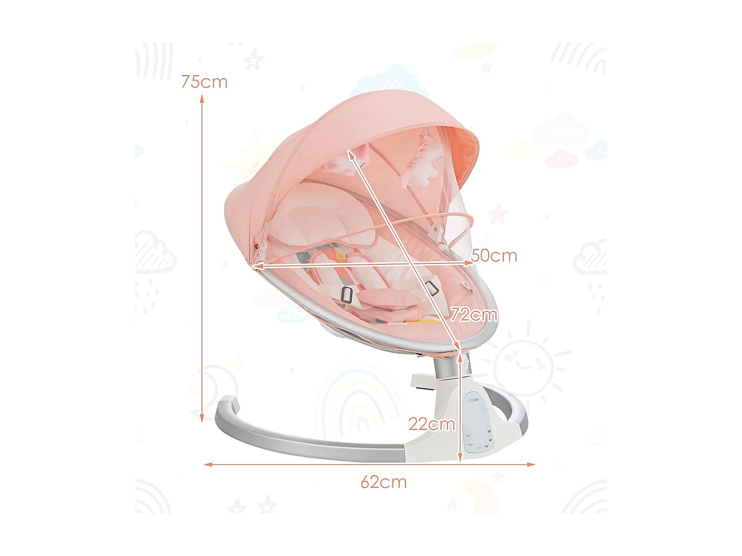 Transat Bébé Électrique avec 5 Amplitudes/Balancelle Bébé 0-6 Mois Télécommandé avec Musique, 2 Jouets, Harnais à 5 Points, Minuterie 15-60 Min, Charge 9KG-Rose