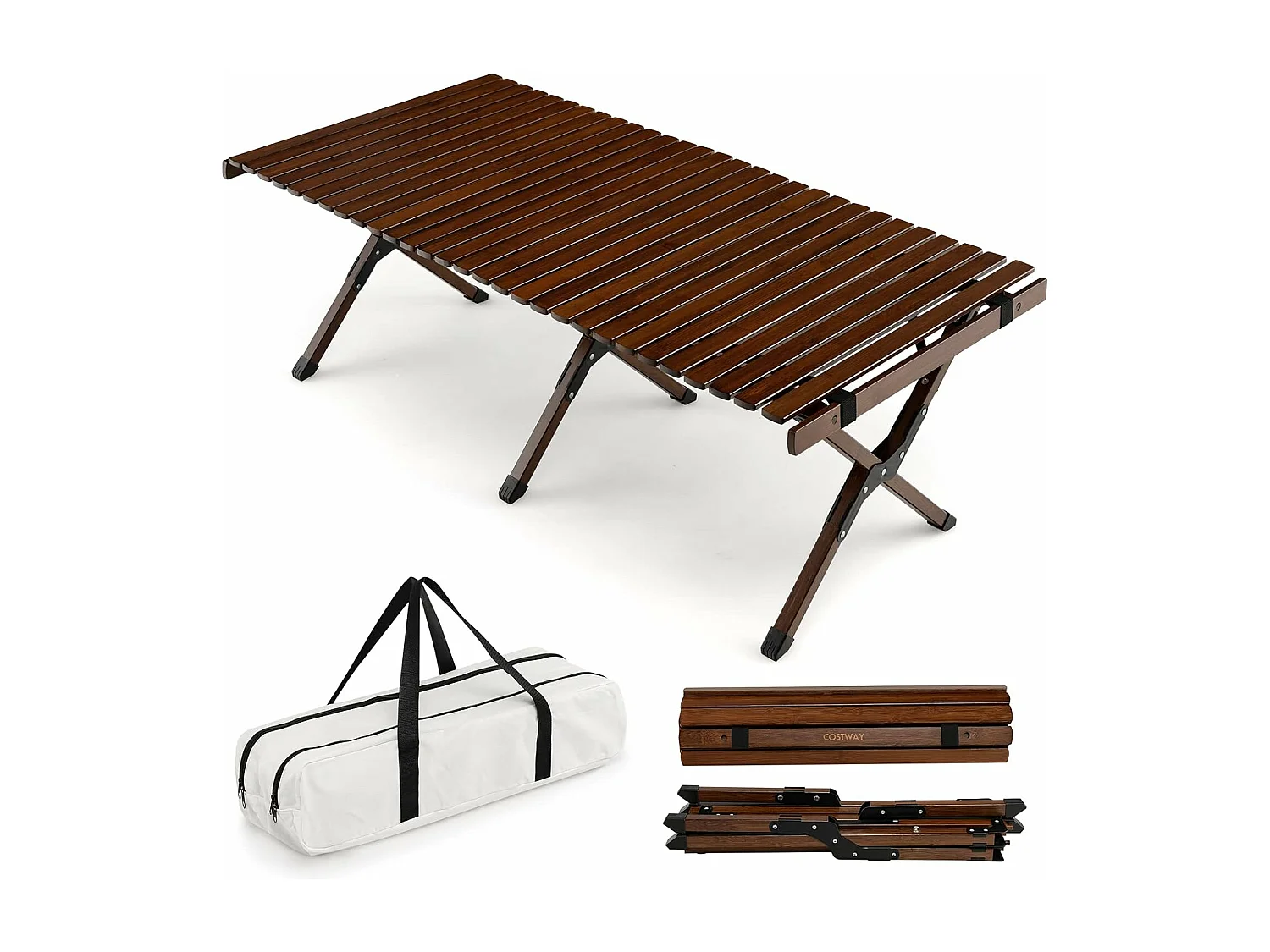 Table de Camping Pliante en Bambou à Latte Enroulable, Table Pliante Extérieure Charge Max 50kg avec Sac de Transport pour Barbecue Pique-Nique Randonnée Voyage, 122x60x43,5cm, Café