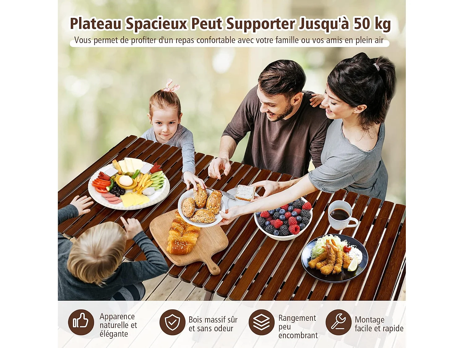 Table de Camping Pliante en Bambou à Latte Enroulable, Table Pliante Extérieure Charge Max 50kg avec Sac de Transport pour Barbecue Pique-Nique Randonnée Voyage, 122x60x43,5cm, Café