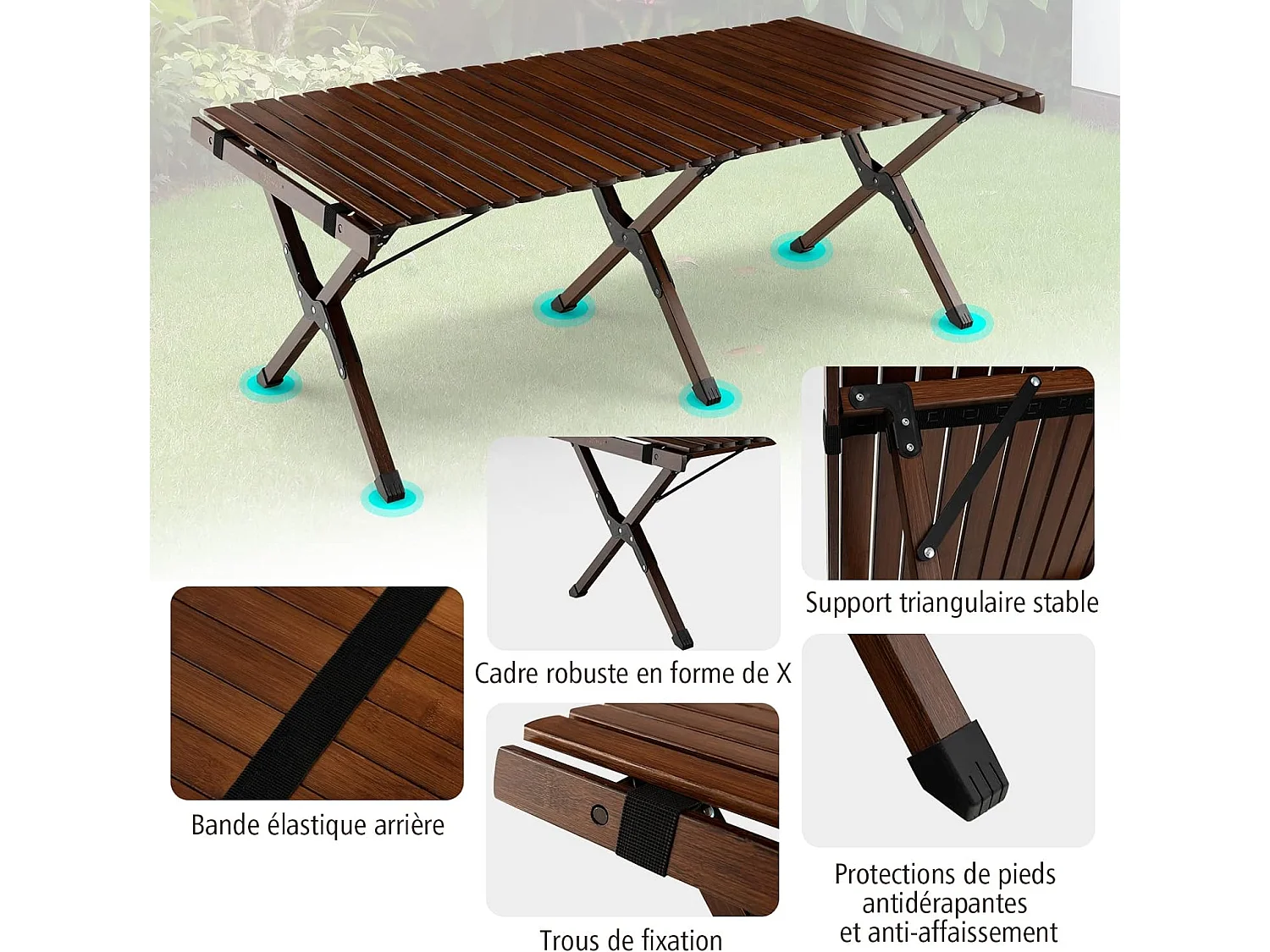 Table de Camping Pliante en Bambou à Latte Enroulable, Table Pliante Extérieure Charge Max 50kg avec Sac de Transport pour Barbecue Pique-Nique Randonnée Voyage, 122x60x43,5cm, Café