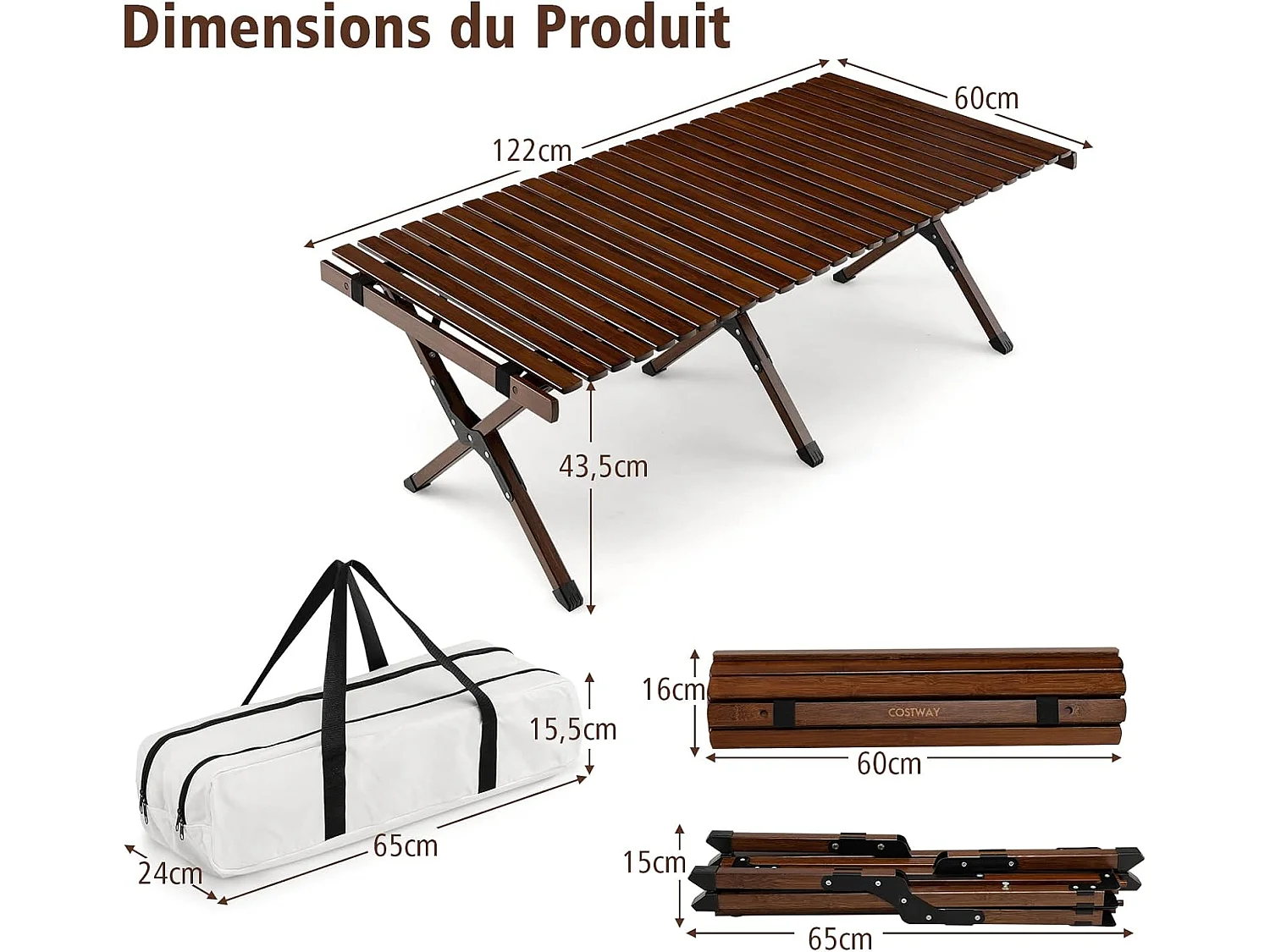 Table de Camping Pliante en Bambou à Latte Enroulable, Table Pliante Extérieure Charge Max 50kg avec Sac de Transport pour Barbecue Pique-Nique Randonnée Voyage, 122x60x43,5cm, Café