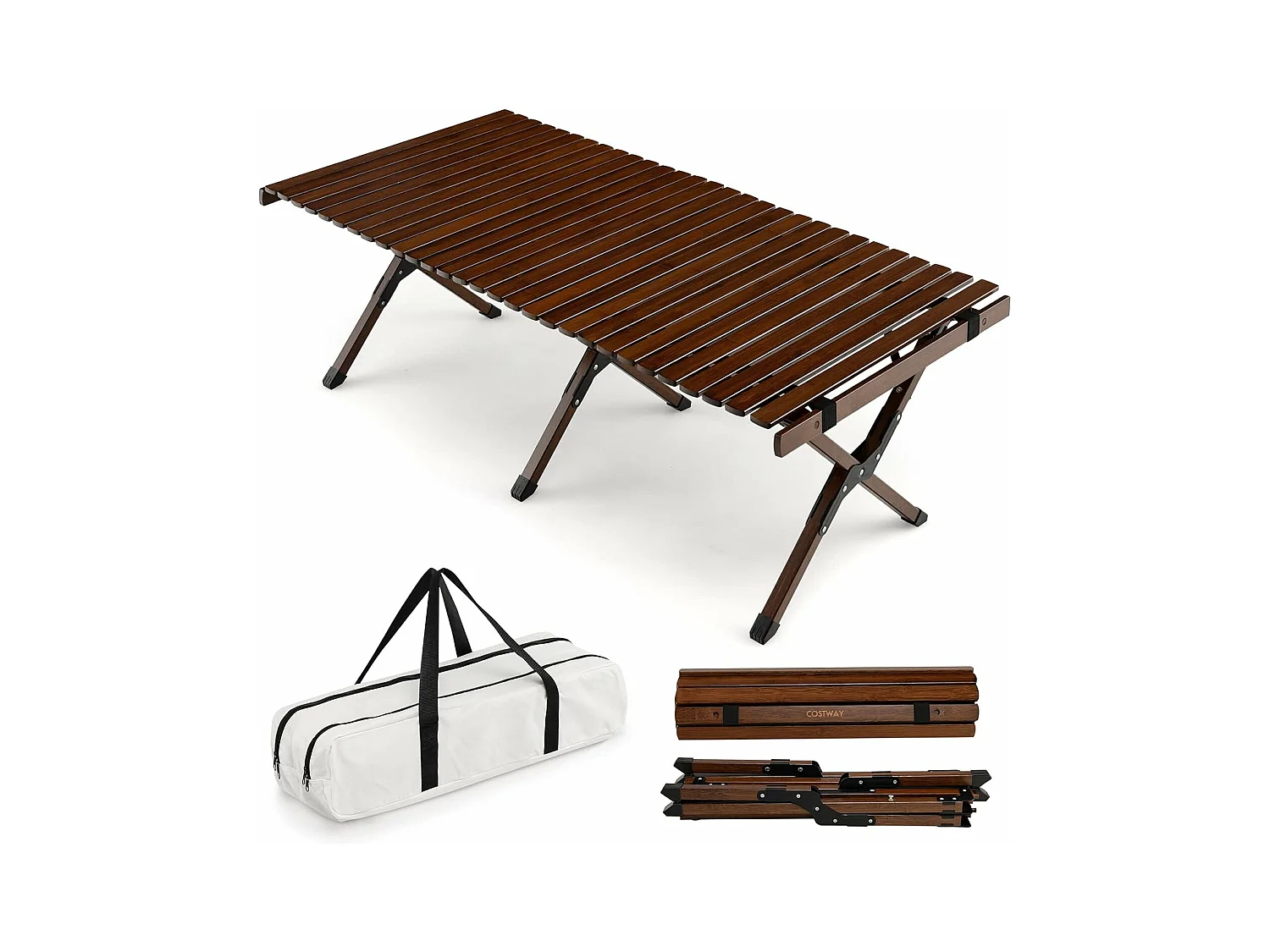 Table de Camping Pliante en Bambou à Latte Enroulable, Table Pliante Extérieure Charge Max 50kg avec Sac de Transport pour Barbecue Pique-Nique Randonnée Voyage, 122x60x43,5cm, Café